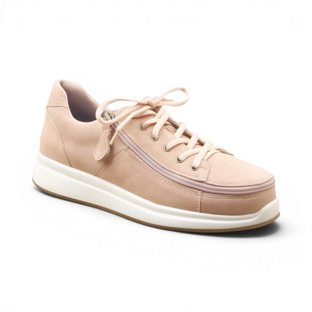 The Happy Shoe Shop Pure Comfort Zippy Sneaker in blush pink suede with a functional side-zip closure and white sole.