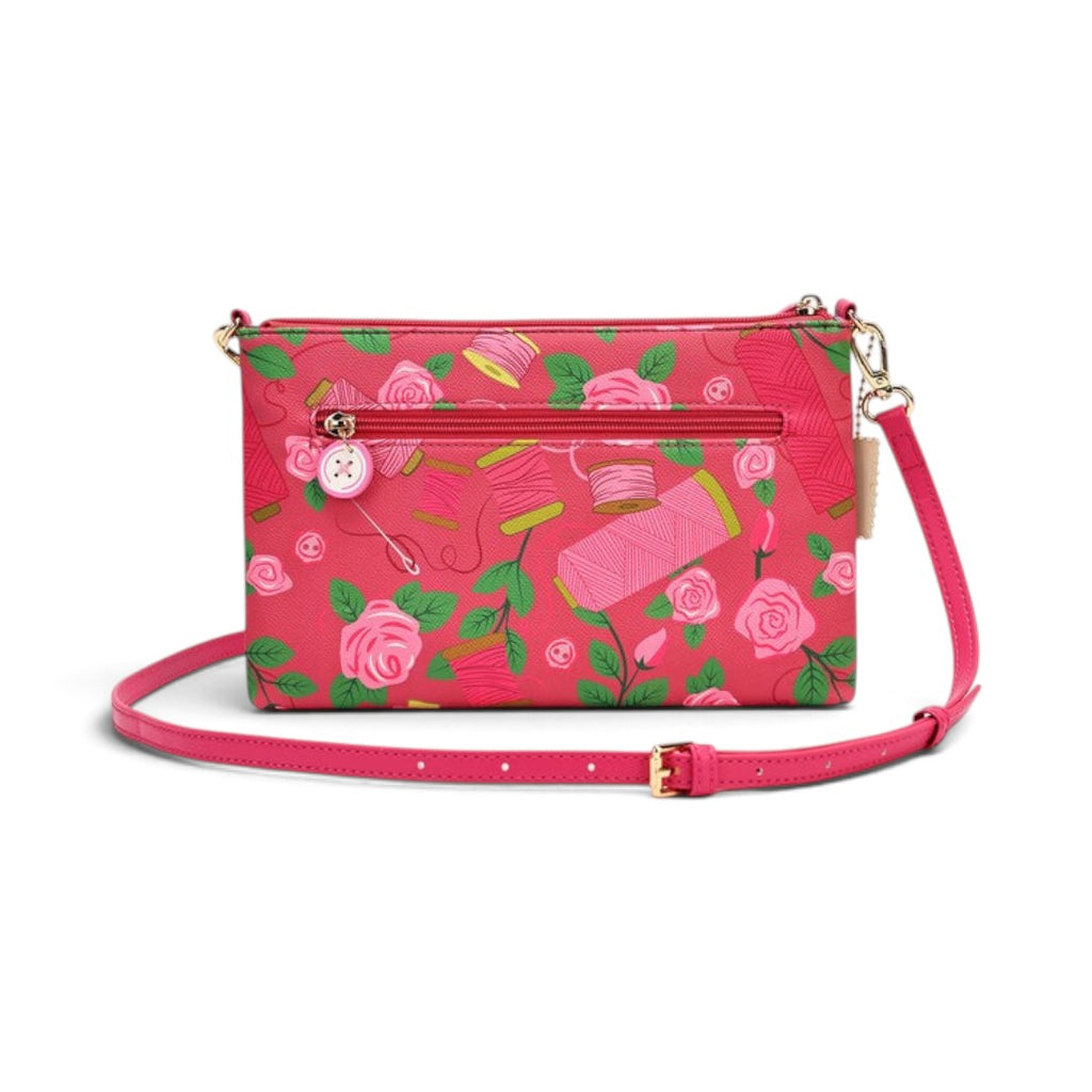 The Happy Shoe Shop Vendula London pink vegan leather scrapbook bag with sewing thread and rose print details.