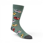 The Happy Shoe Shop Men's Posh Car Bamboo Socks in sage green with a pattern of colorful vintage cars. Made from bamboo blend.