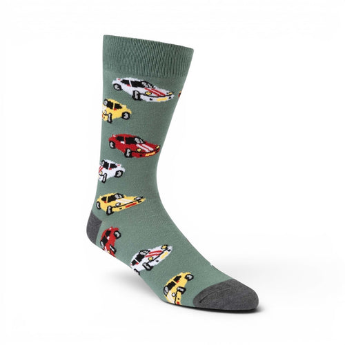 The Happy Shoe Shop Men's Posh Car Bamboo Socks in sage green with a pattern of colorful vintage cars. Made from bamboo blend.
