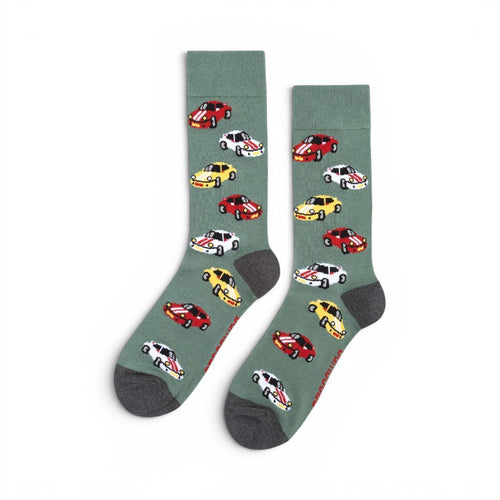 The Happy Shoe Shop Men's Posh Car Bamboo Socks in sage green with red, white, and yellow car pattern.