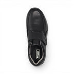 The Happy Shoe Shop Propet black leather men's shoe with adjustable velcro strap and cushioned sole.