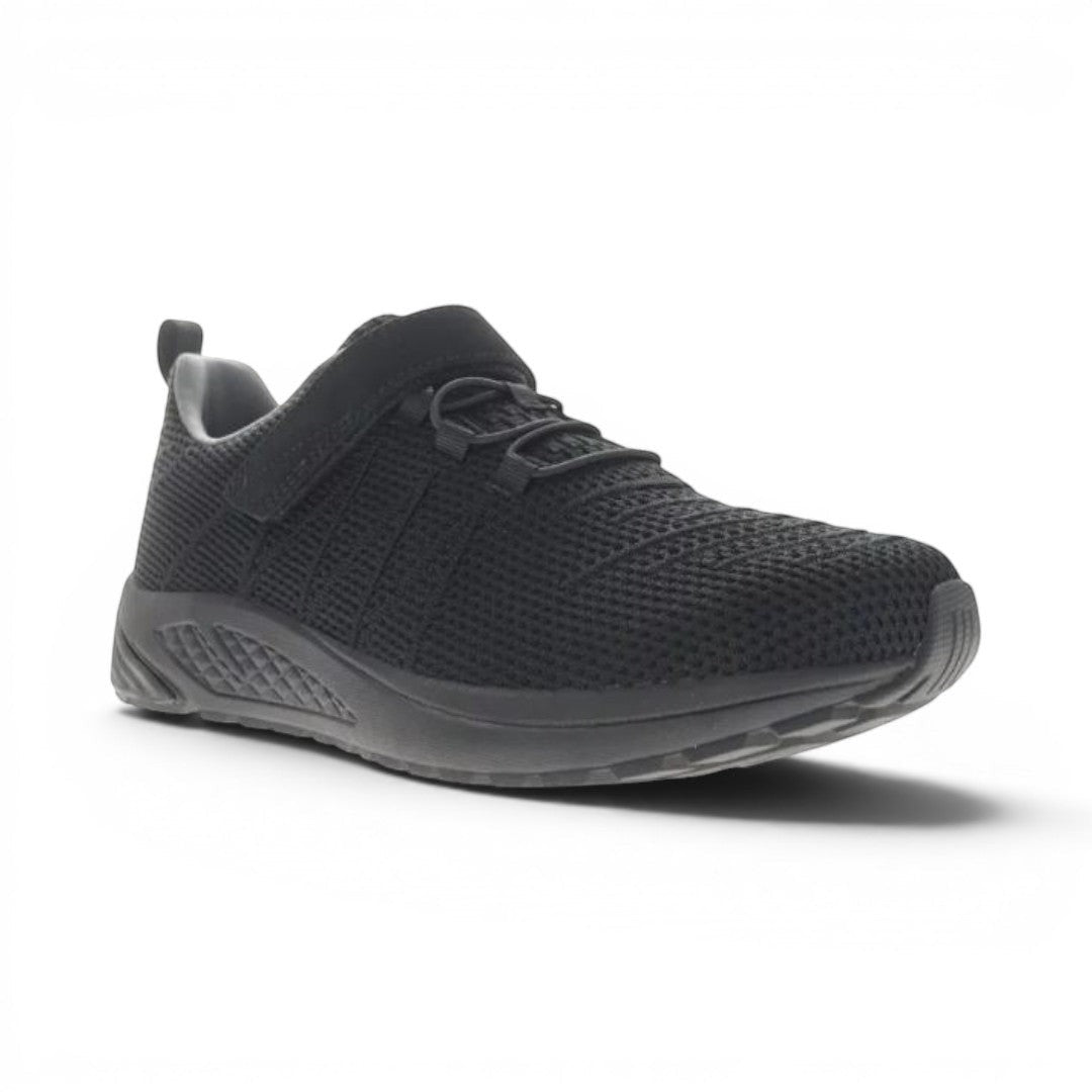 The Happy Shoe Shop Propet Men's Tour Knit FX black mesh sneakers with Velcro strap and elastic laces.