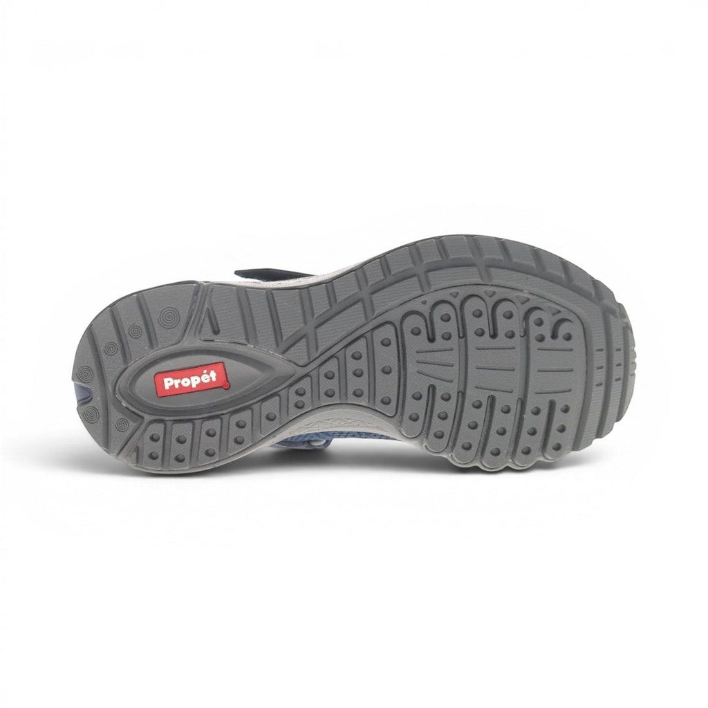 The Happy Shoe Shop Propet Mens Tour Knit FX grey sole with blue mesh upper detail.