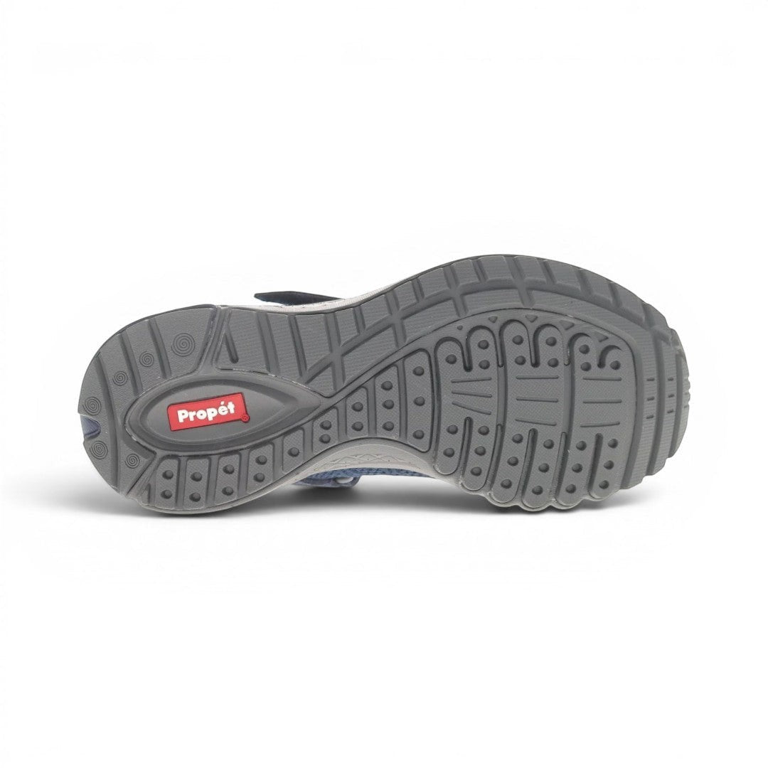 The Happy Shoe Shop Propet Mens Tour Knit FX grey sole with blue mesh upper detail.