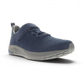 The Happy Shoe Shop Propet Men's Tour Knit FX navy blue athletic shoe with adjustable strap and grey sole.
