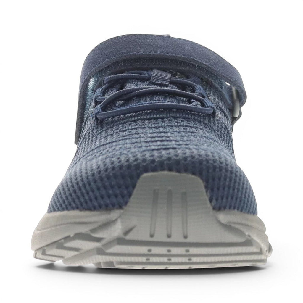The Happy Shoe Shop Propet Men's Tour Knit FX navy blue knit sneakers with adjustable Velcro strap and elastic laces.