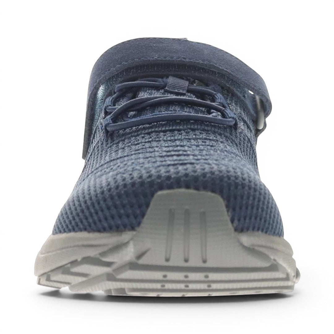 The Happy Shoe Shop Propet Men's Tour Knit FX navy blue knit sneakers with adjustable Velcro strap and elastic laces.
