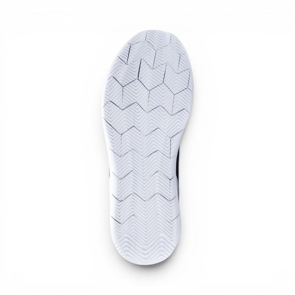 The Happy Shoe Shop Propet Mens Viator Strap black athletic shoe sole with hexagonal and chevron tread pattern.