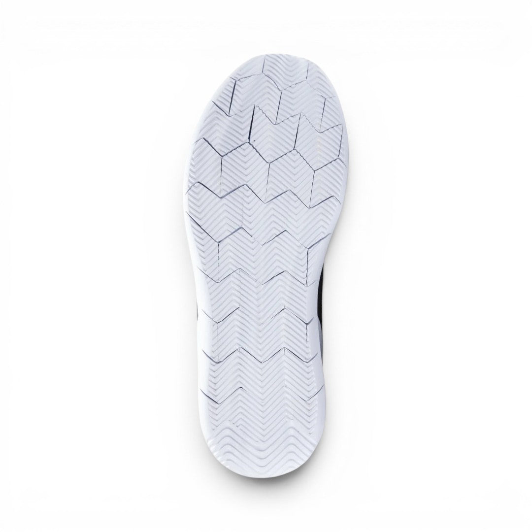 The Happy Shoe Shop Propet Mens Viator Strap black athletic shoe sole with hexagonal and chevron tread pattern.