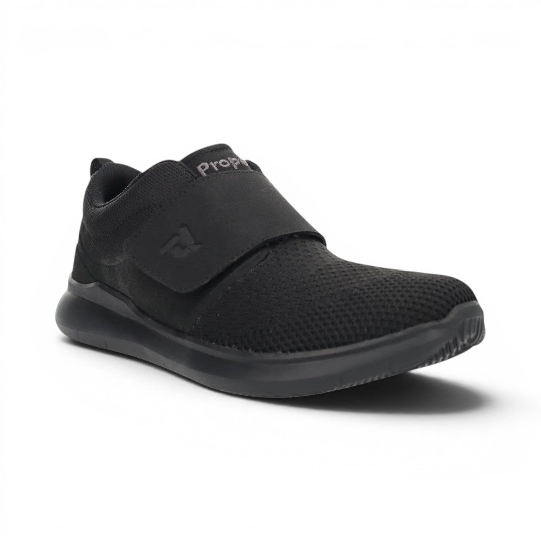 The Happy Shoe Shop Propet Mens Viator Strap black engineered mesh sneaker with hook and loop closure.