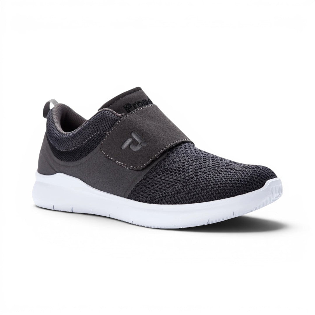 The Happy Shoe Shop Propet Mens Viator Strap dark grey engineered mesh sneaker with hook and loop closure.