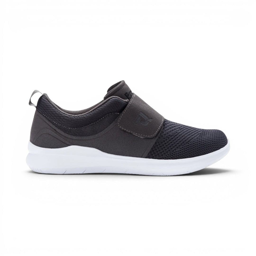 The Happy Shoe Shop Propet Mens Viator Strap dark grey engineered mesh sneaker with hook and loop closure and white sole.