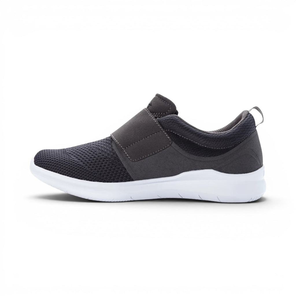 The Happy Shoe Shop Propet Mens Viator Strap dark grey engineered mesh sneaker with hook and loop closure and white sole.