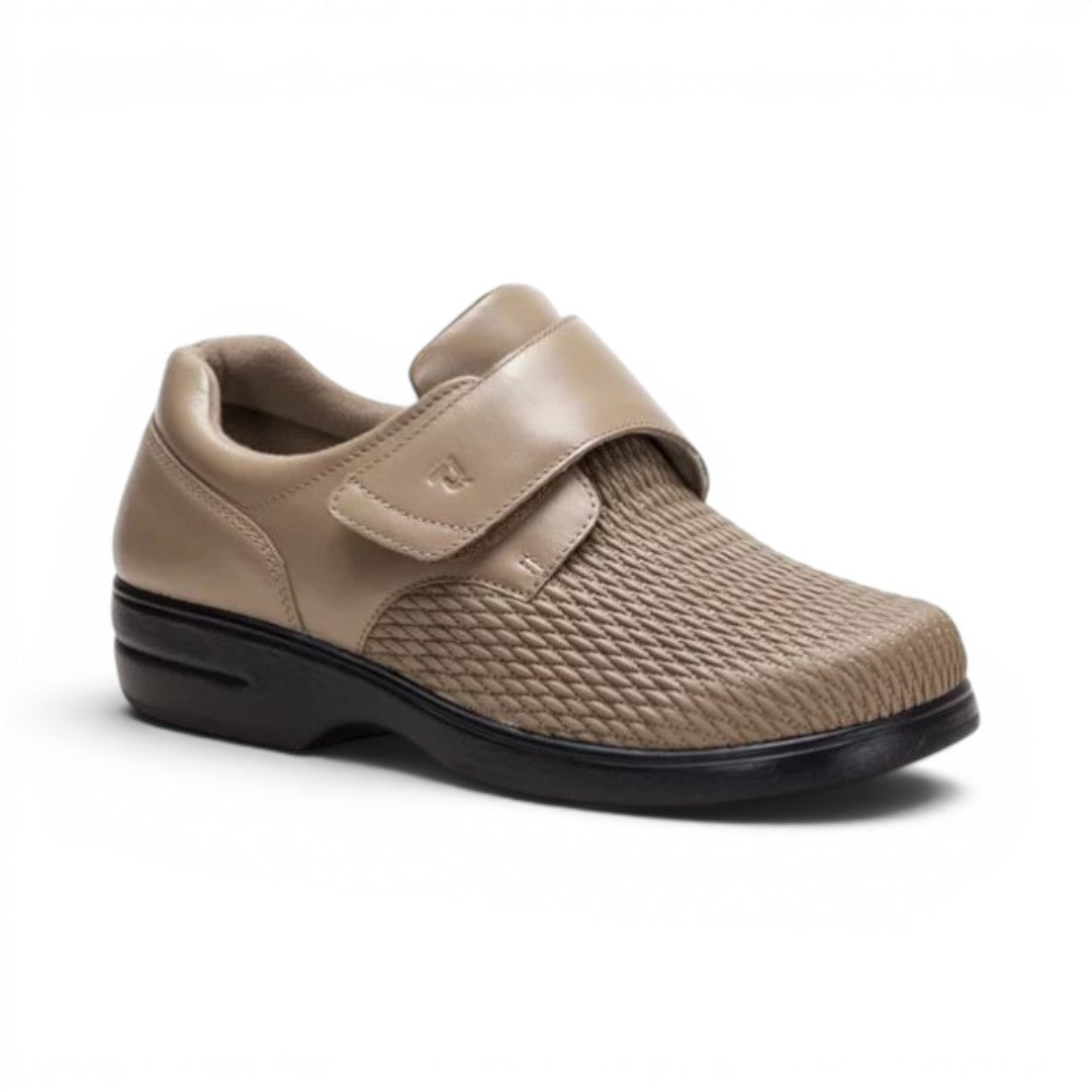 The Happy Shoe Shop Propet Olivia Stretch Shoe in taupe leatherette with velcro strap and textured toe box.