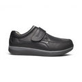 The Happy Shoe Shop Propet Parker men's black leather shoe with adjustable velcro strap and wide 3E width.
