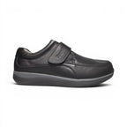 The Happy Shoe Shop Propet Parker men's black leather shoe with adjustable velcro strap and wide 3E width.