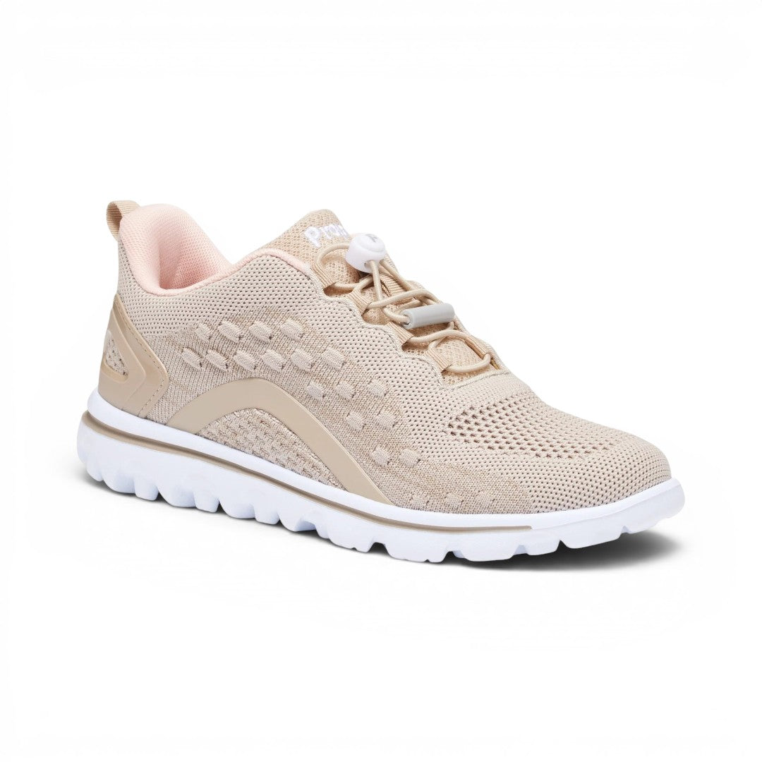 The Happy Shoe Shop Propet TravelActive Axial beige mesh sneakers with pink lining and white sole. Features toggle laces and D width.