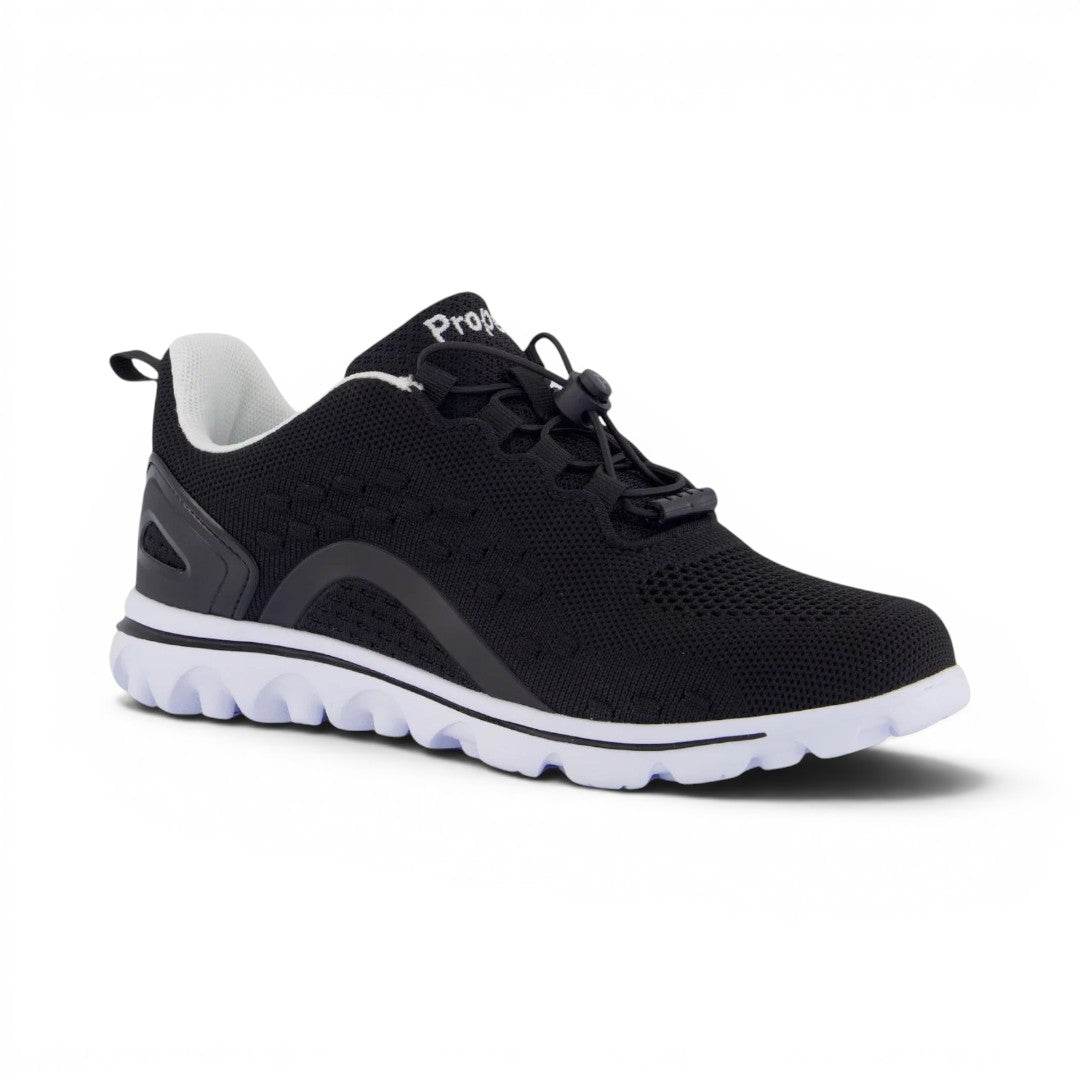The Happy Shoe Shop Propet TravelActive Axial black mesh sneakers with white soles and toggle laces.