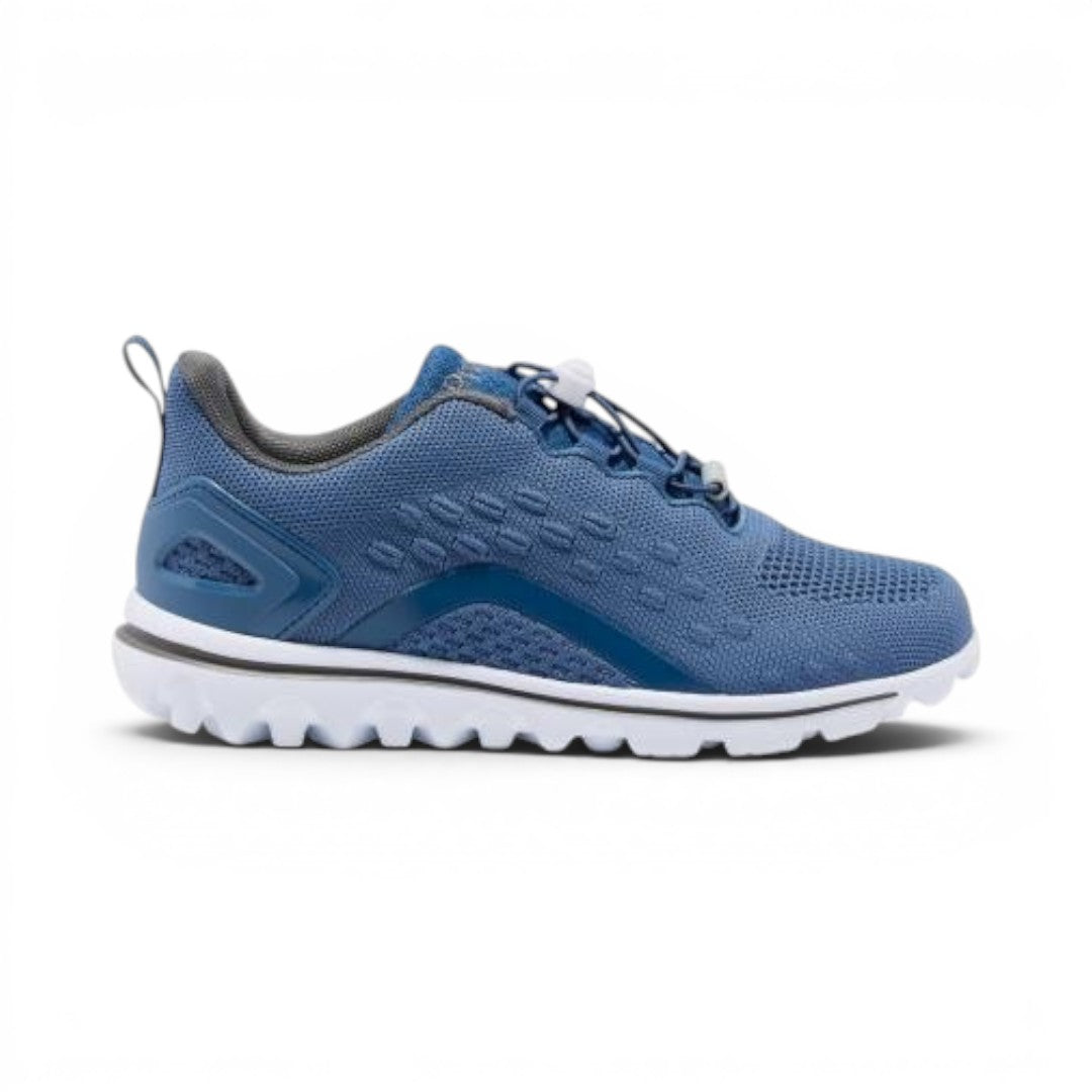 The Happy Shoe Shop Propet TravelActive Axial blue mesh athletic shoe with toggle laces and white sole.