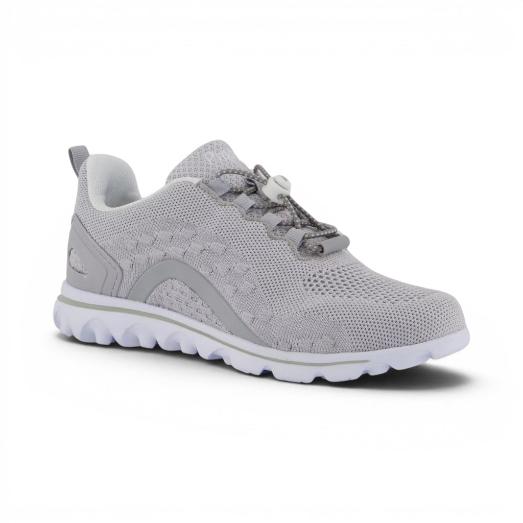 The Happy Shoe Shop Propet TravelActive Axial grey mesh sneakers with toggle laces and white sole.