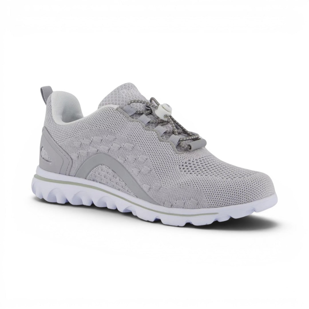 The Happy Shoe Shop Propet TravelActive Axial grey mesh sneakers with toggle laces and white sole.