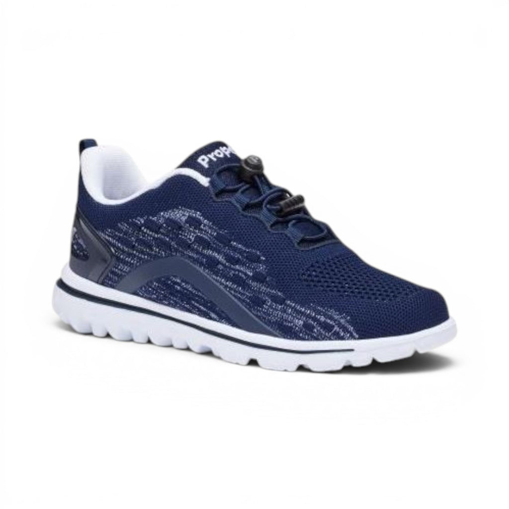 The Happy Shoe Shop Propet TravelActive Axial navy blue mesh sneakers with white sole and toggle laces.