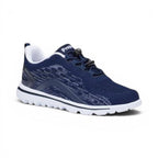 The Happy Shoe Shop Propet TravelActive Axial navy blue mesh sneakers with white sole and toggle laces.