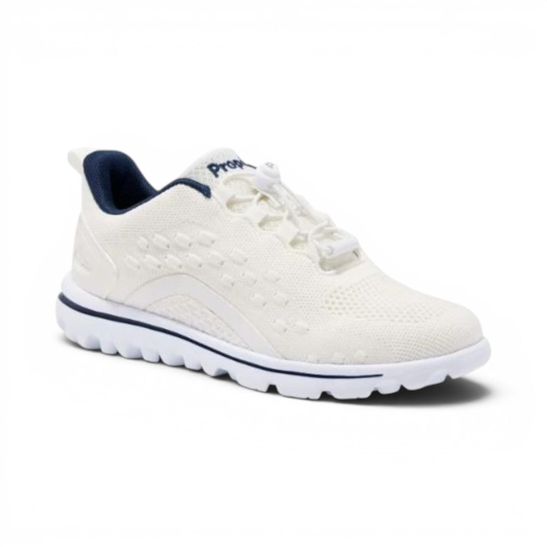 The Happy Shoe Shop Propet TravelActive Axial white mesh sneakers with navy accents and toggle laces.