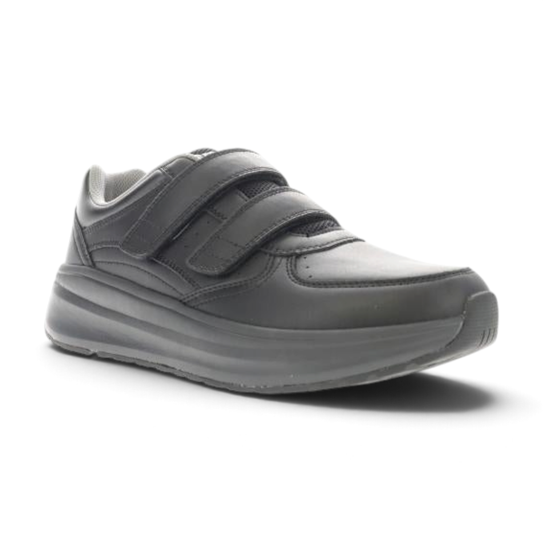 The Happy Shoe Shop Propet Mens Ultima Strap black leather orthopedic walking shoe with twin Velcro closure straps