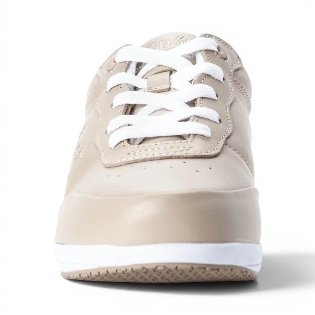 The Happy Shoe Shop Propet Washable Walker in beige leather with white laces and a white sole. Features SRC slip resistance.