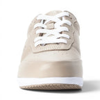The Happy Shoe Shop Propet Washable Walker in beige leather with white laces and a white sole. Features SRC slip resistance.