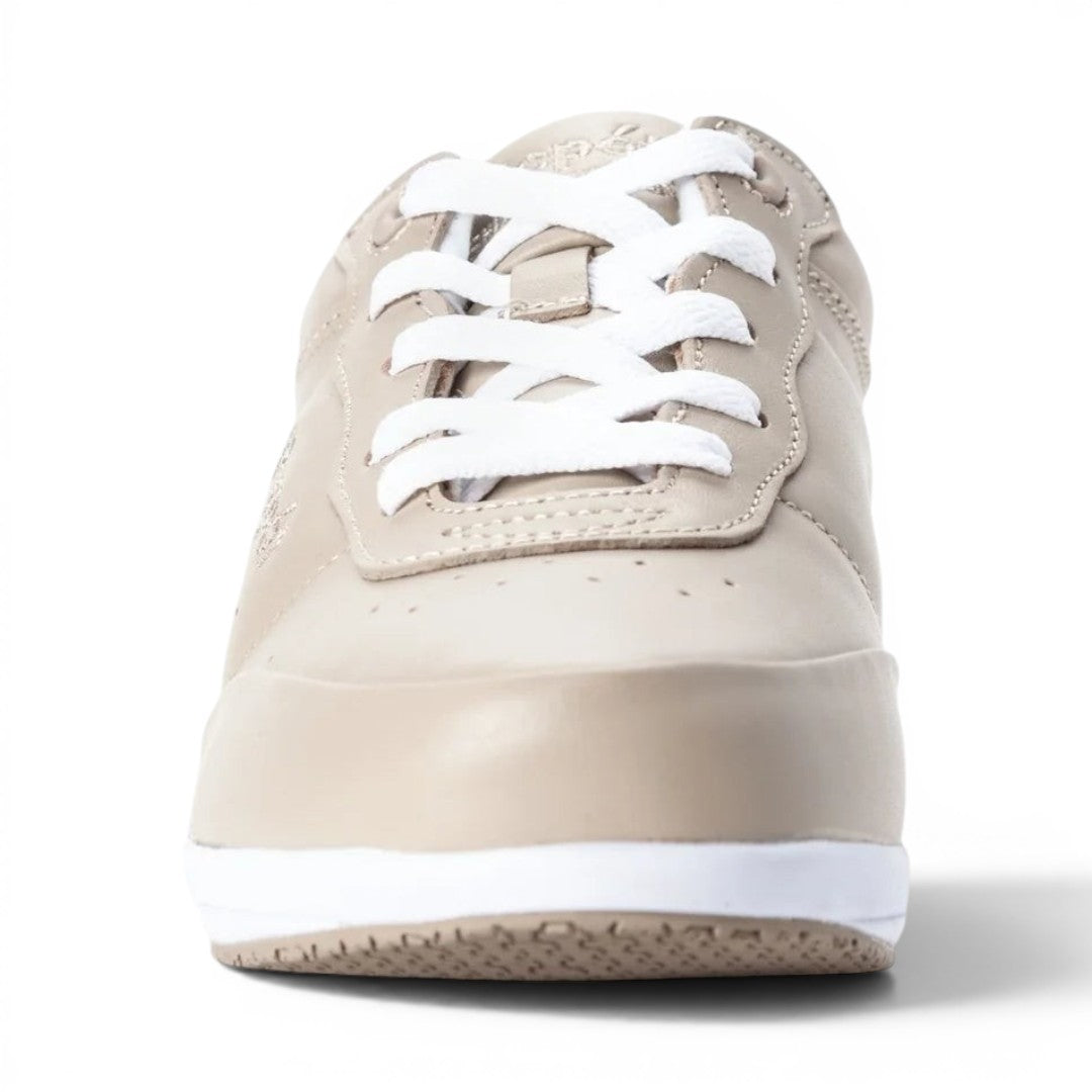 The Happy Shoe Shop Propet Washable Walker in beige leather with white laces and a white sole. Features SRC slip resistance.