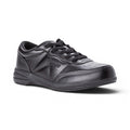 The Happy Shoe Shop Propet Washable Walker black leather sneakers with padded collar and rubber outsole.