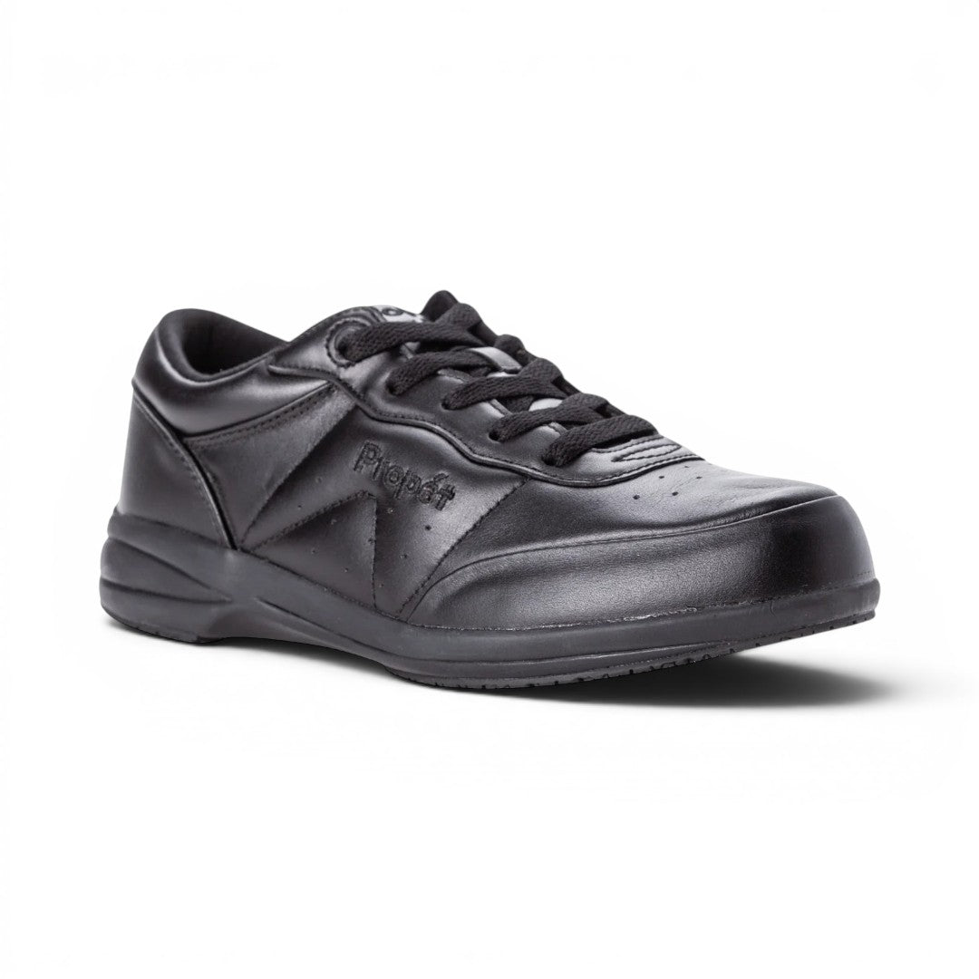 The Happy Shoe Shop Propet Washable Walker black leather sneakers with padded collar and rubber outsole.