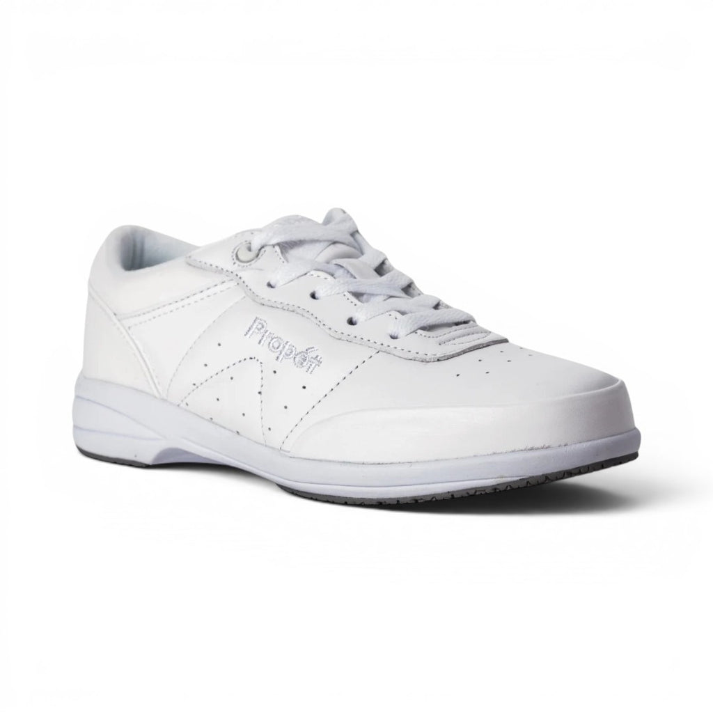 The Happy Shoe Shop Propet Washable Walker white leather sneakers with lace-up closure and SRC slip-resistant sole.