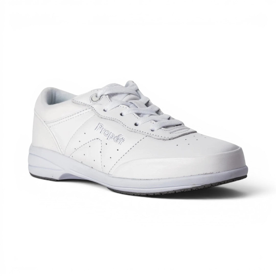 The Happy Shoe Shop Propet Washable Walker white leather sneakers with lace-up closure and SRC slip-resistant sole.