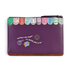 The Happy Shoe Shop Vendula London purple vegan leather coin purse with book-themed embossed details and zipper.