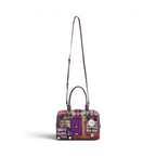 The Happy Shoe Shop Vendula London purple vegan leather bowler bag featuring a whimsical bookshop scene and strap.