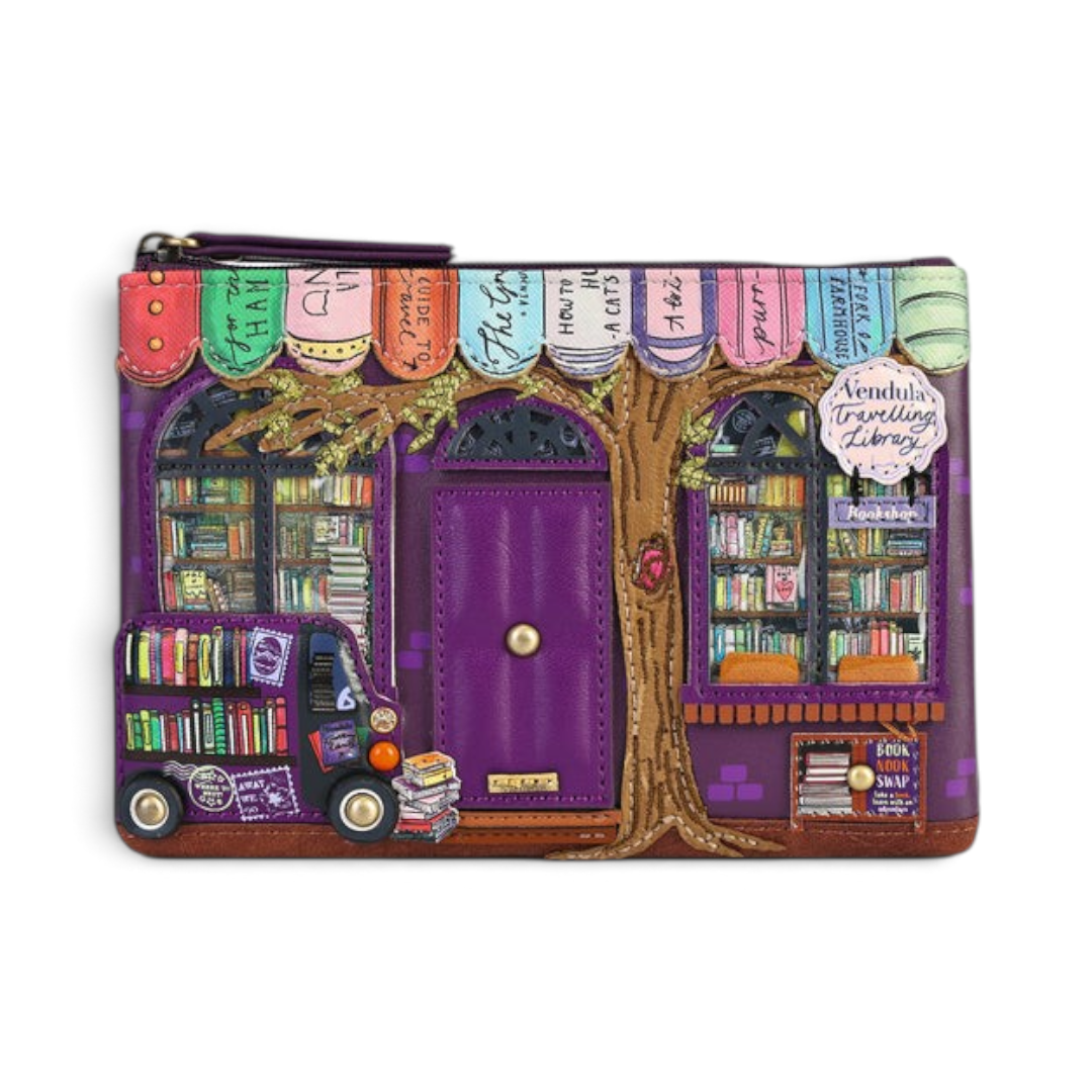 The Happy Shoe Shop Vendula London travelling library bookshop coin purse in purple vegan leather with embossed details