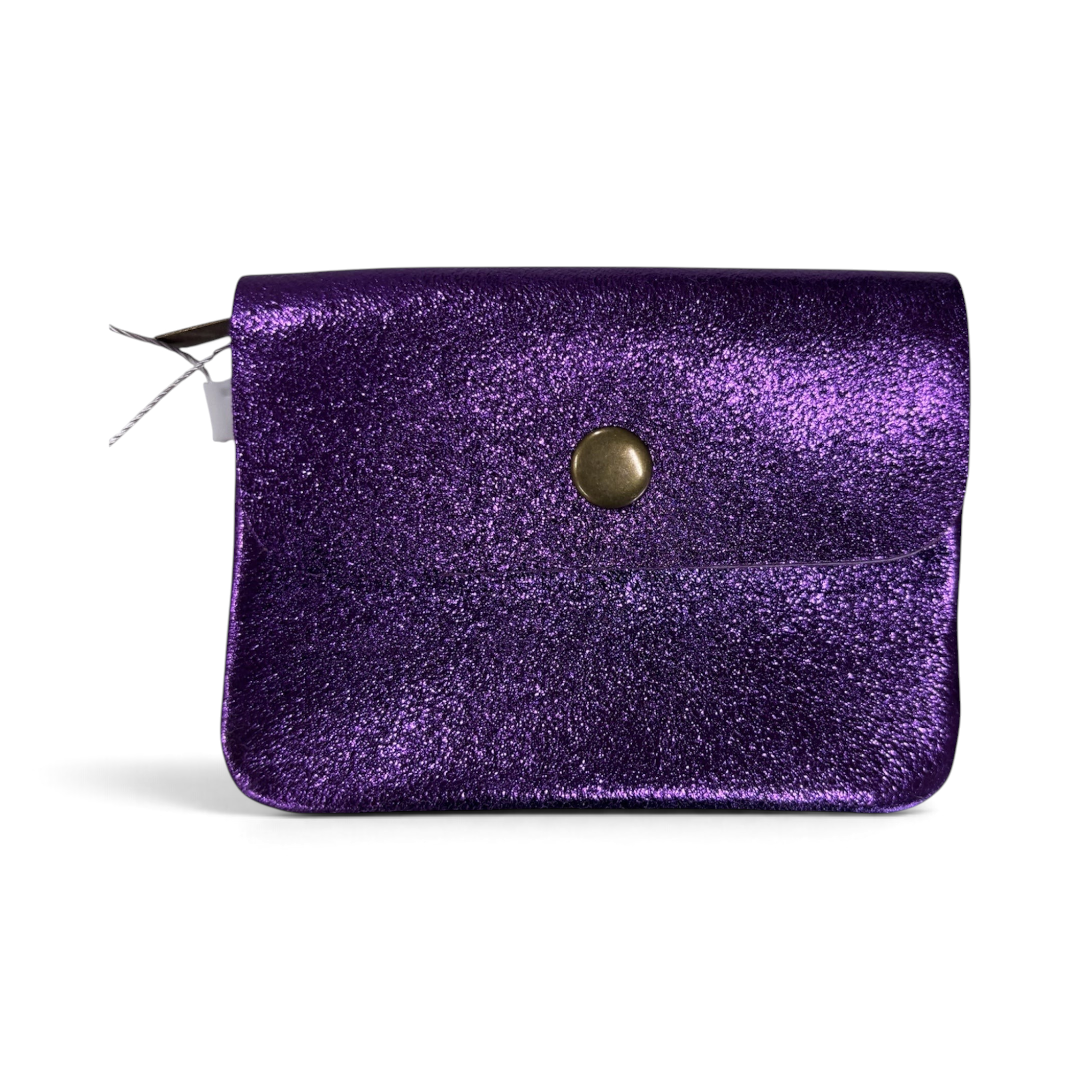 The Happy Shoe Shop Maison Fanli purple metallic cowhide leather coin purse with a snap-button closure.