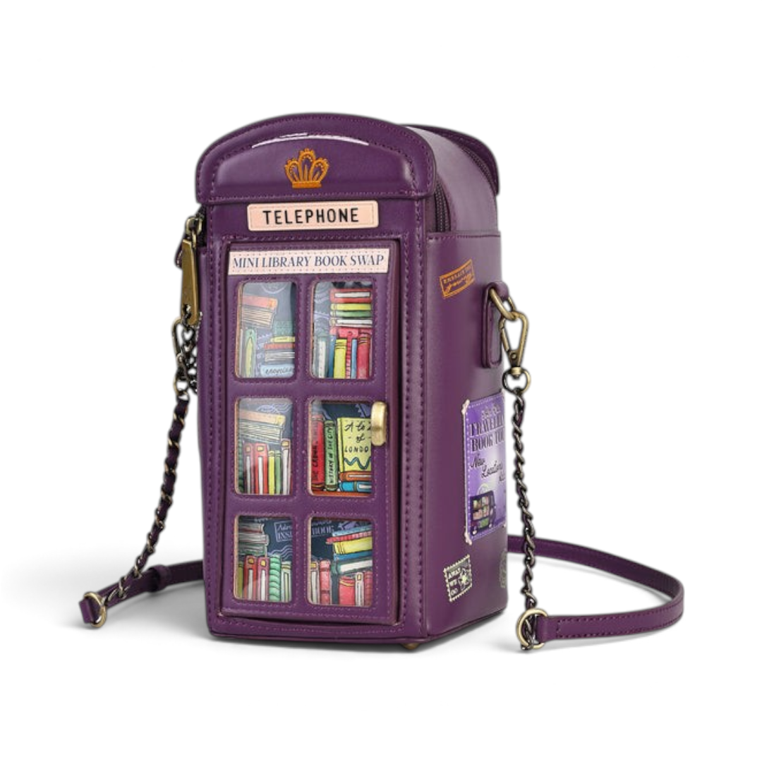 The Happy Shoe Shop purple vegan leather telephone box novelty bag with bookshop print and detachable shoulder strap