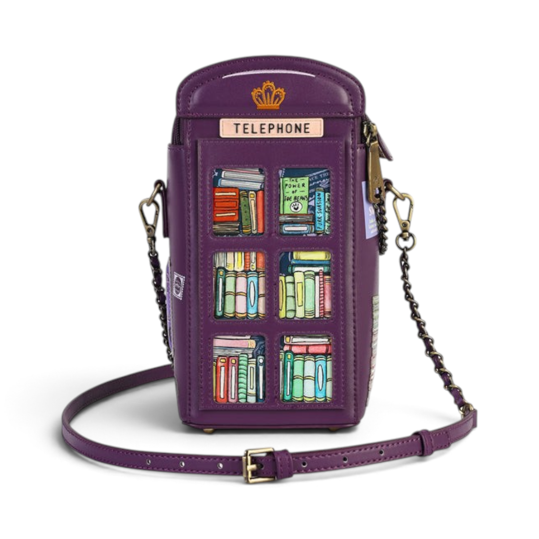 The Happy Shoe Shop Vendula London purple vegan leather telephone box novelty bag with book shelf print and strap.