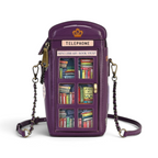 The Happy Shoe Shop Vendula London telephone box bag in purple vegan leather with a miniature library book swap design.