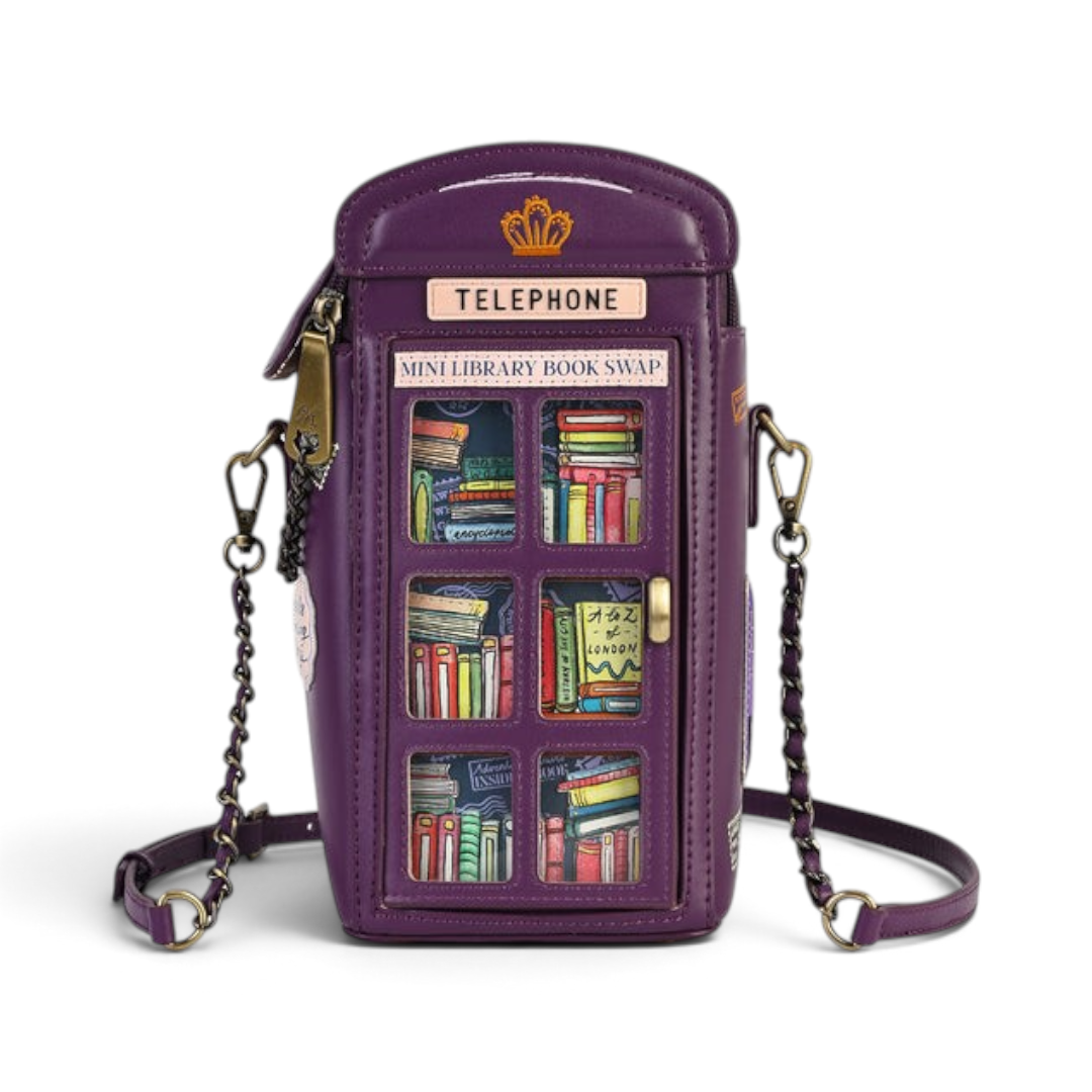 The Happy Shoe Shop Vendula London telephone box bag in purple vegan leather with a miniature library book swap design.