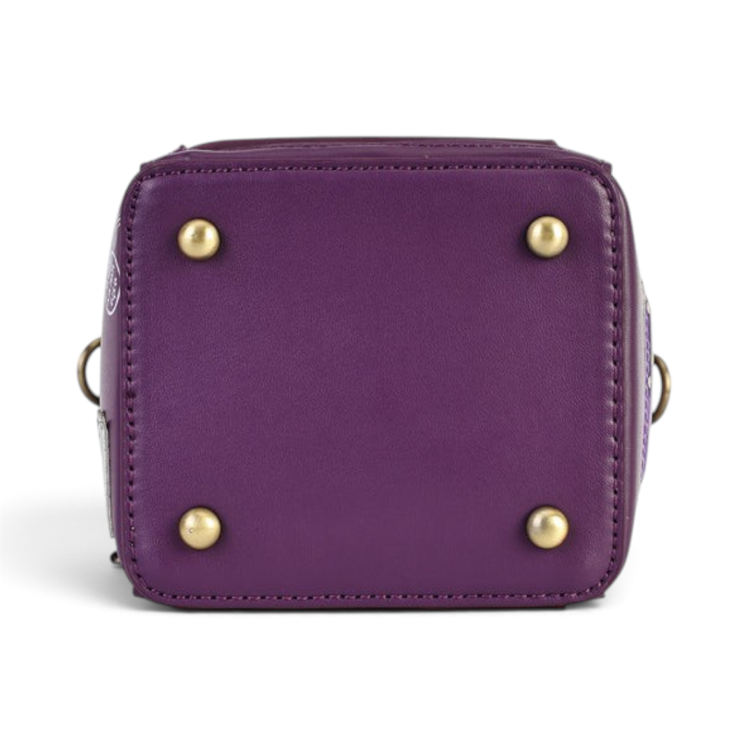 The Happy Shoe Shop Vendula London telephone box bag base featuring purple vegan leather and four gold metal feet.