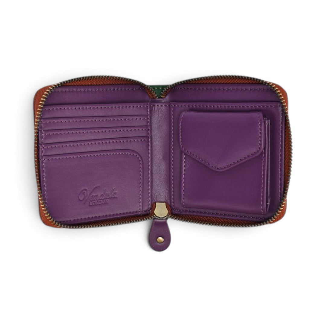 The Happy Shoe Shop Vendula London square wallet interior with purple vegan leather, card slots, and coin pocket.