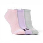 The Happy Shoe Shop Pussyfoot 3pk bamboo sport cushion ankle socks in pink, lavender, and light green with striped accents.
