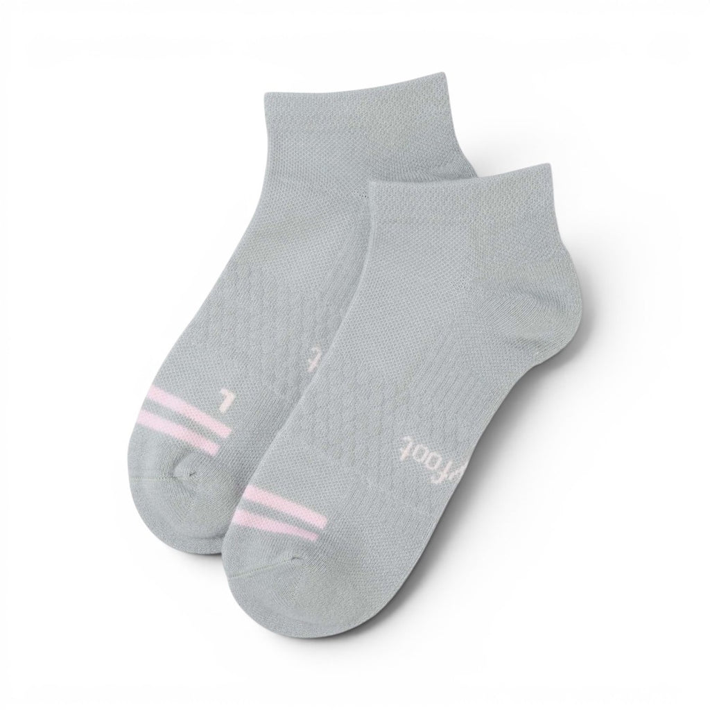 The Happy Shoe Shop Pussyfoot 3pk grey bamboo sport cushion ankle socks with pink stripes and honeycomb arch support.