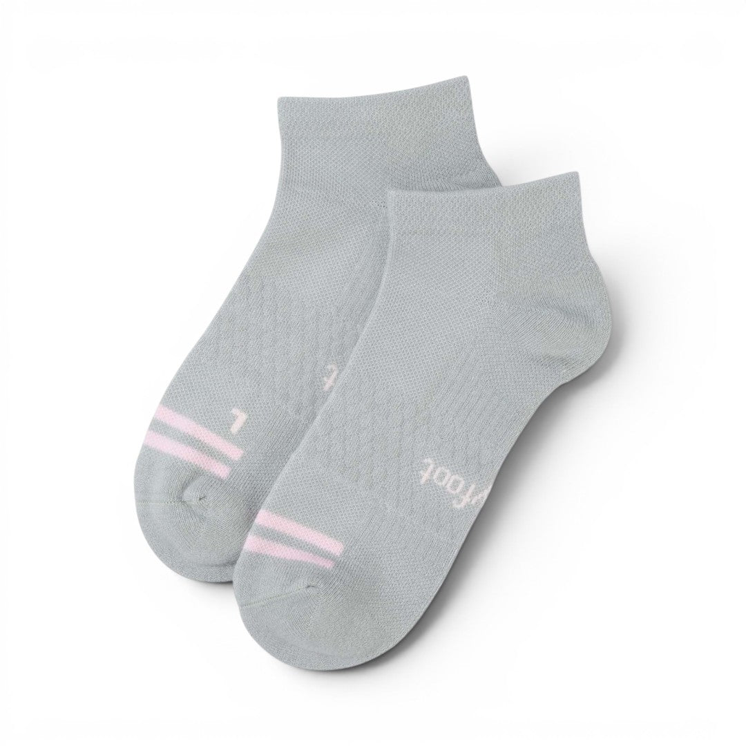 The Happy Shoe Shop Pussyfoot 3pk grey bamboo sport cushion ankle socks with pink stripes and honeycomb arch support.